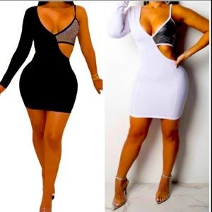 One sleeve V-neck Club wear dress, available in black and white
